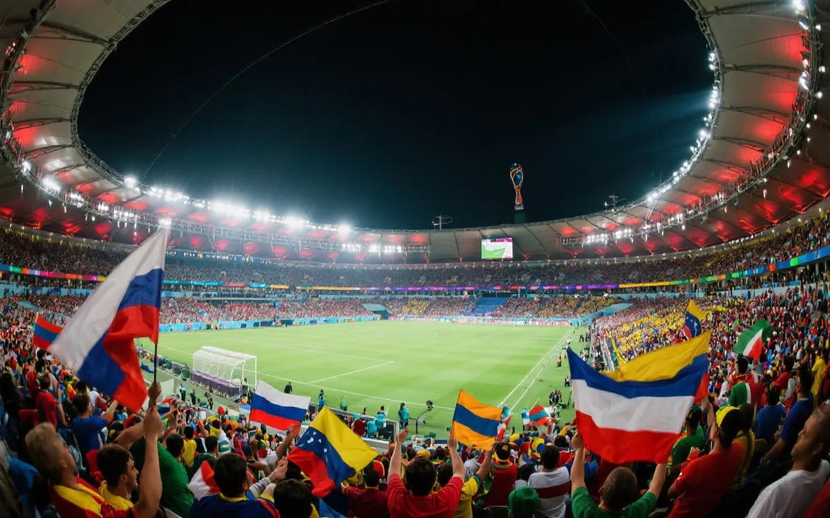 2026世界杯球场内座无虚席，球迷挥舞旗帜欢呼的画面