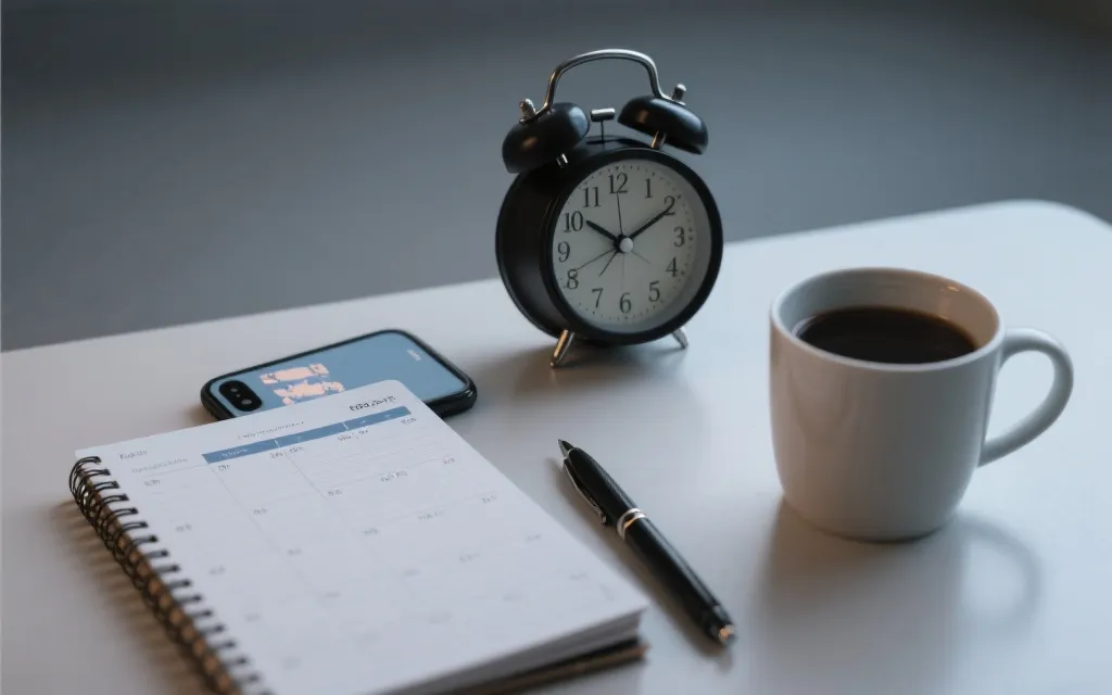 手机闹钟与日程表并列，旁边是热饮与笔记本，象征熬夜观赛的时间管理