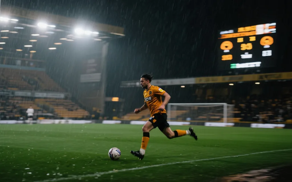 球员在雨夜的球场上奔跑，记分牌与看台灯光映照，呈现逆袭氛围